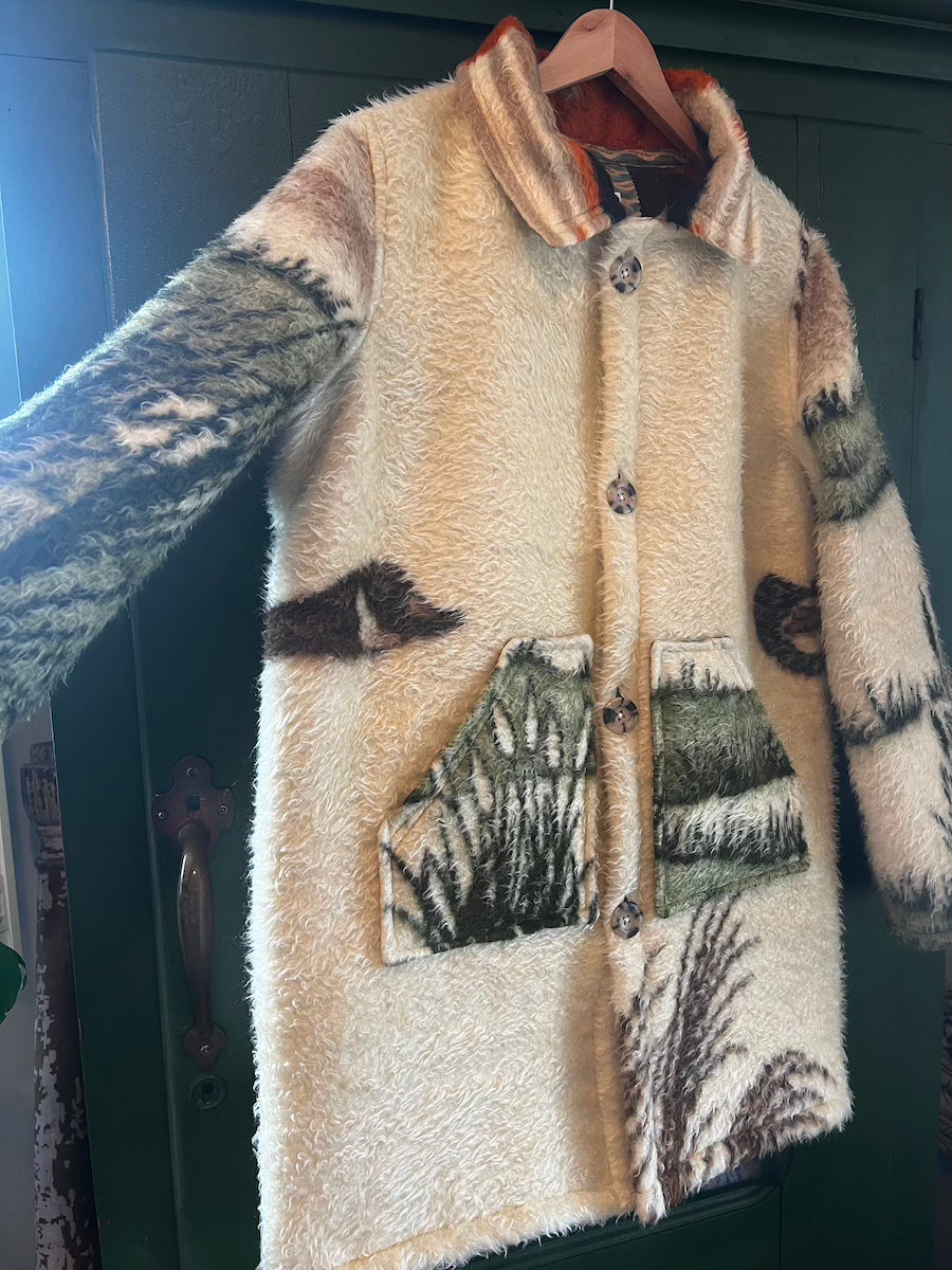 Flying Geese Blanket Coat with Removable Fur Collar