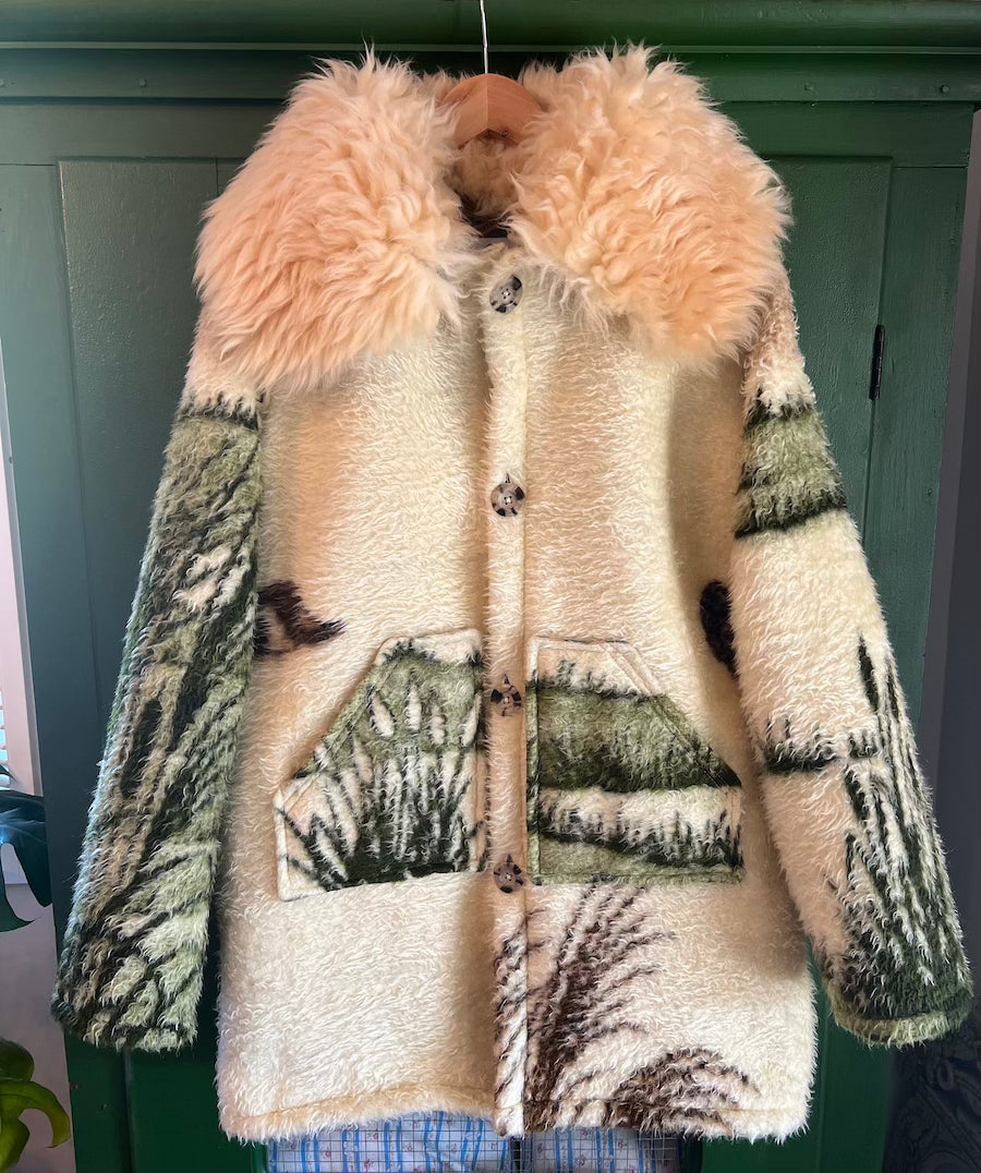 Flying Geese Blanket Coat with Removable Fur Collar