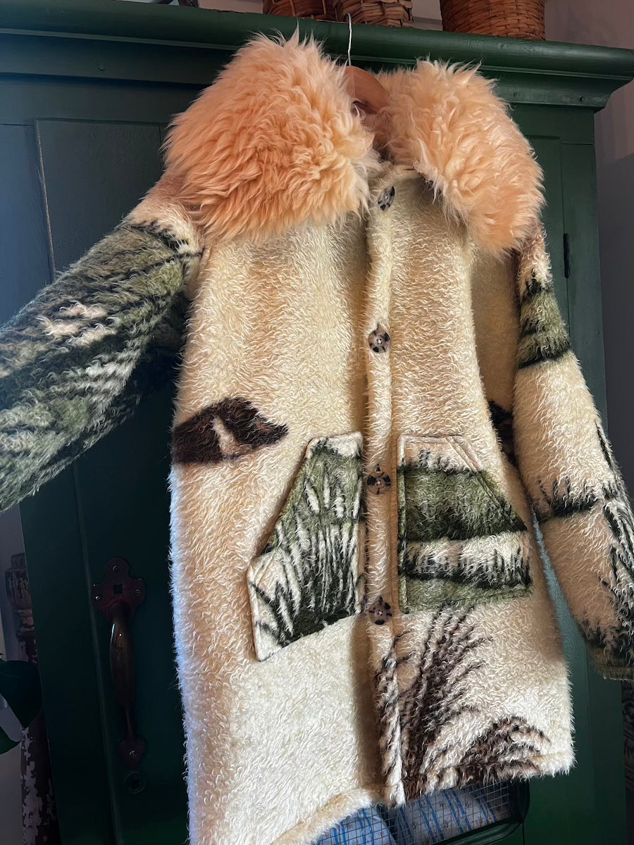 Flying Geese Blanket Coat with Removable Fur Collar