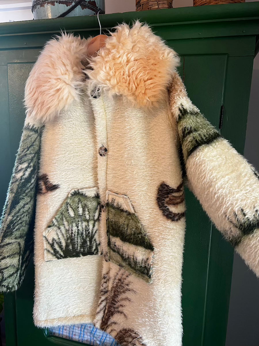 Flying Geese Blanket Coat with Removable Fur Collar