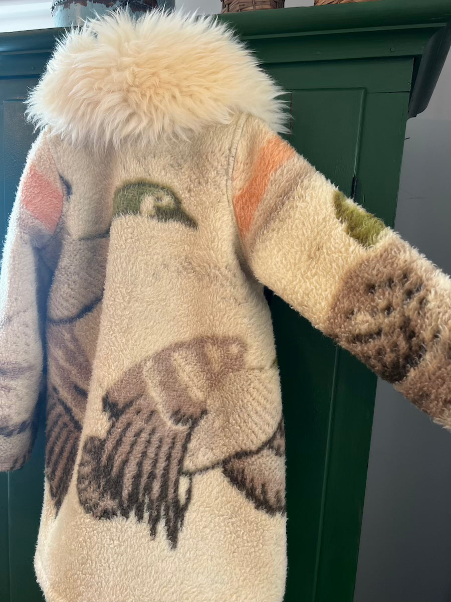 Green Geese Blanket Coat with Removable Fur Collar