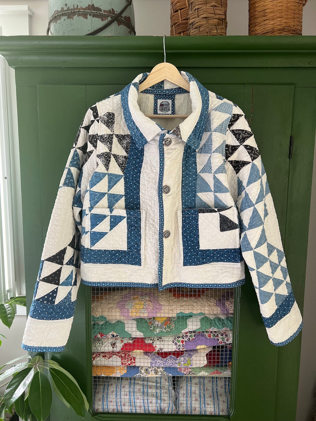Blue and White Ocean Waves Cropped Chore Style Jacket
