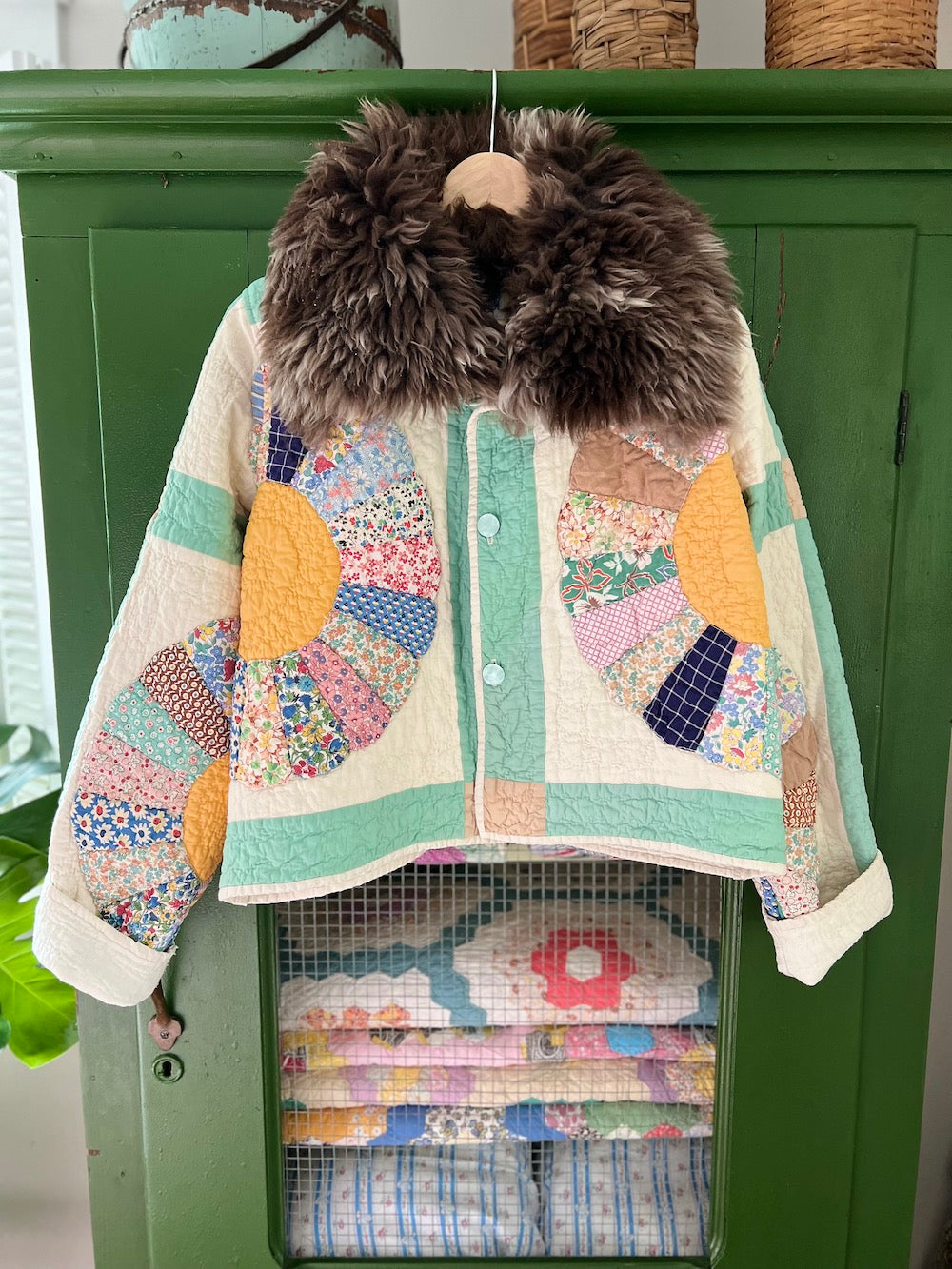 Green Dresden Plate Jacket with Removable Fur Collar