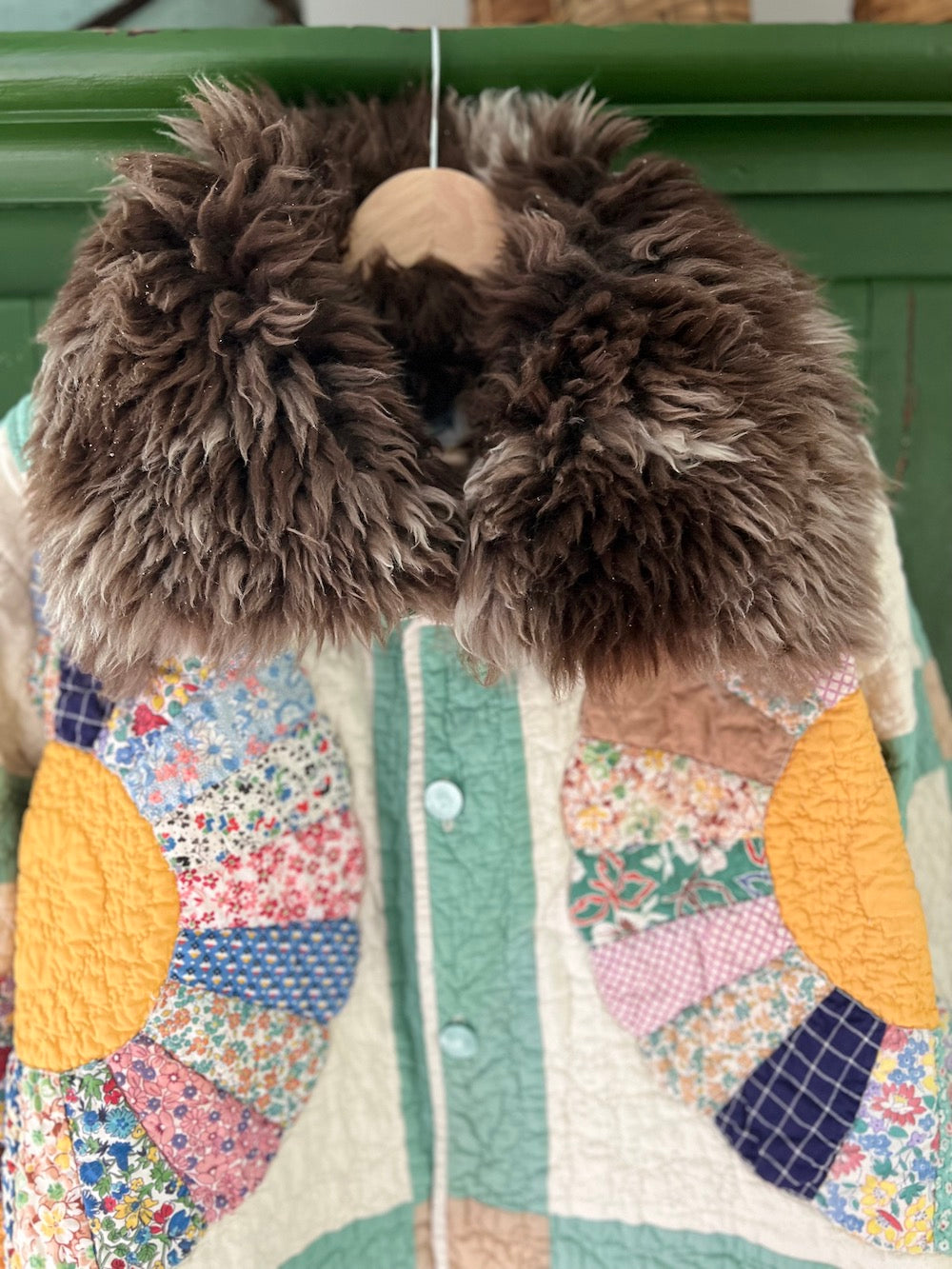 Green Dresden Plate Jacket with Removable Fur Collar