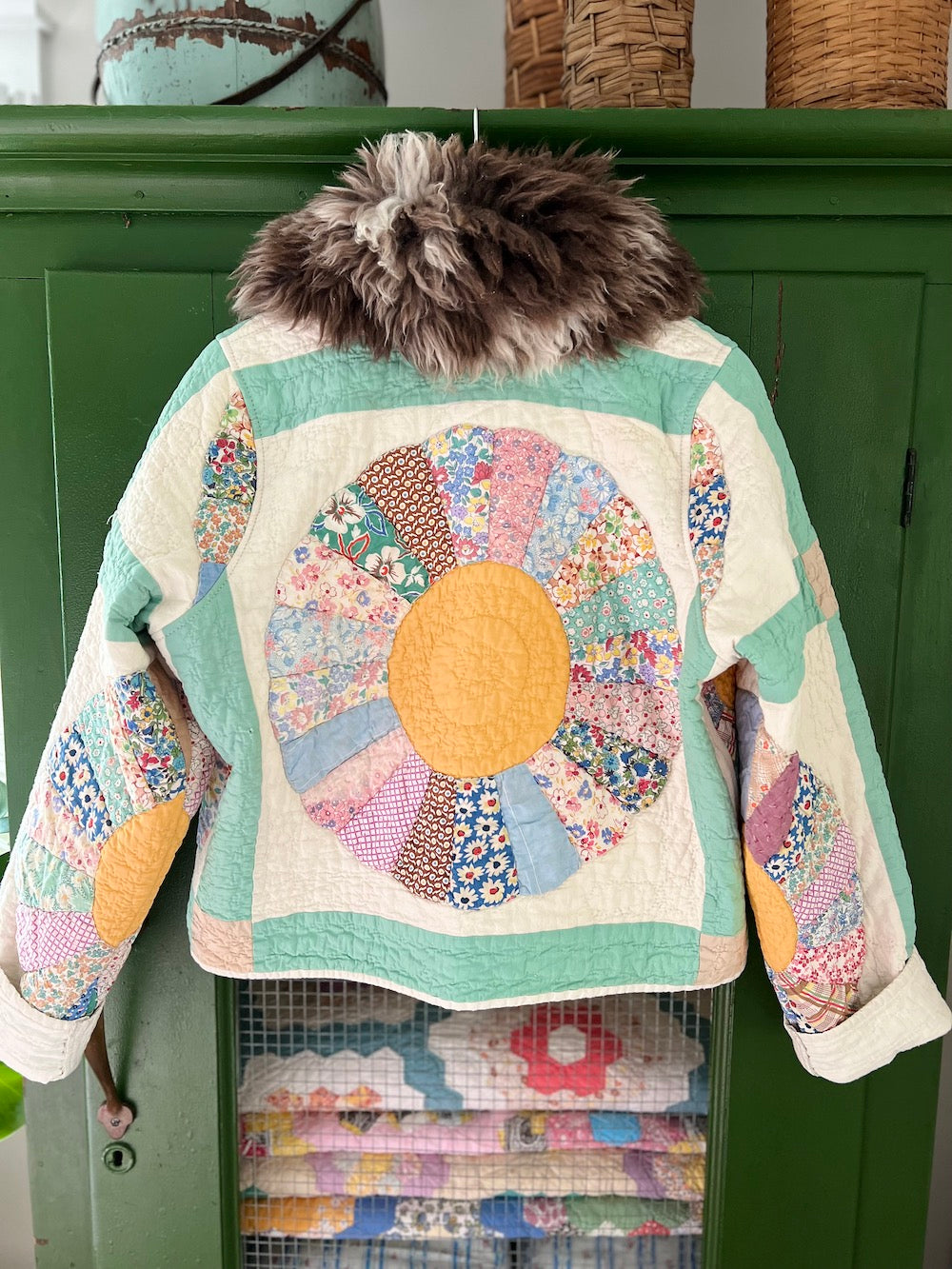 Green Dresden Plate Jacket with Removable Fur Collar