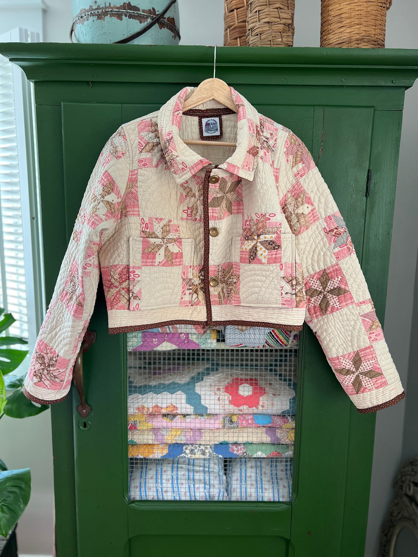 Pink and Brown Cropped Jacket with Removable Fur Collar