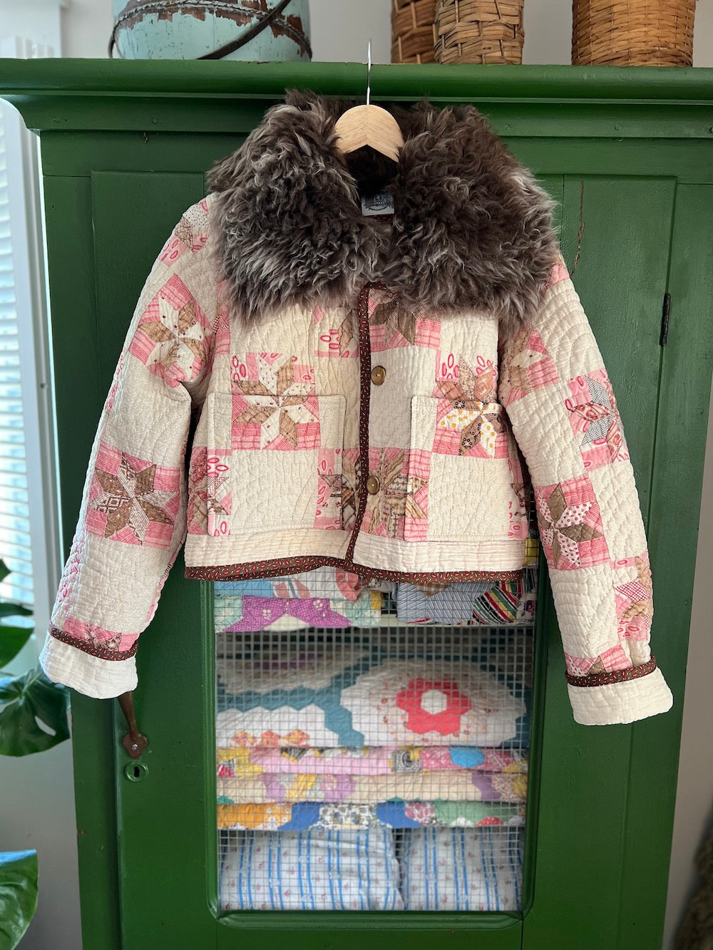 Pink and Brown Cropped Jacket with Removable Fur Collar