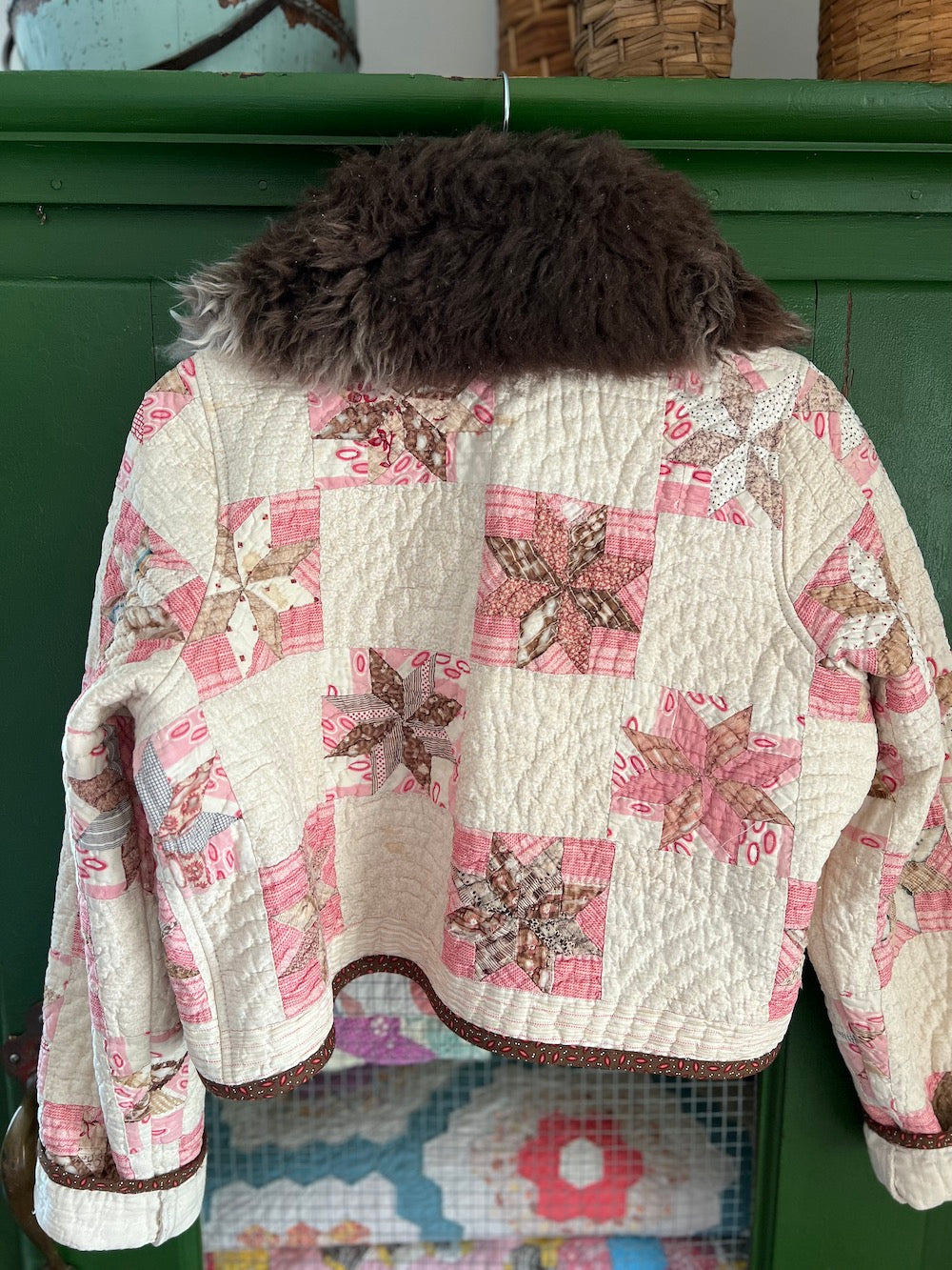 Pink and Brown Cropped Jacket with Removable Fur Collar