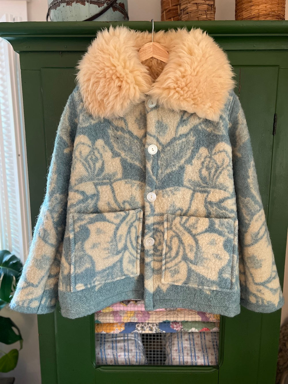 Blue and Cream Wool Flower Coat