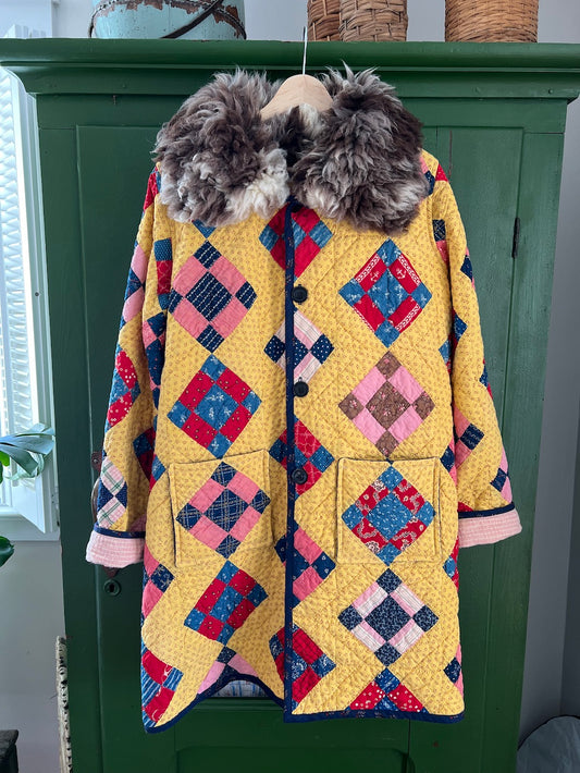 Yellow 9 Patch Chore Style Coat with Removable Collar