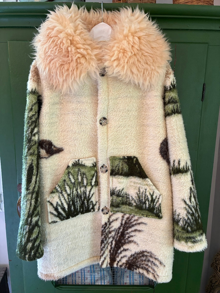 Flying Geese Blanket Coat with Removable Fur Collar