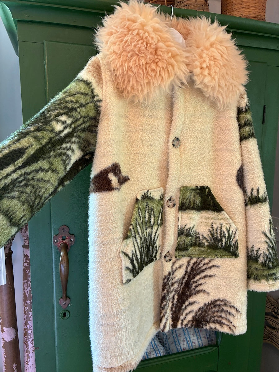 Flying Geese Blanket Coat with Removable Fur Collar