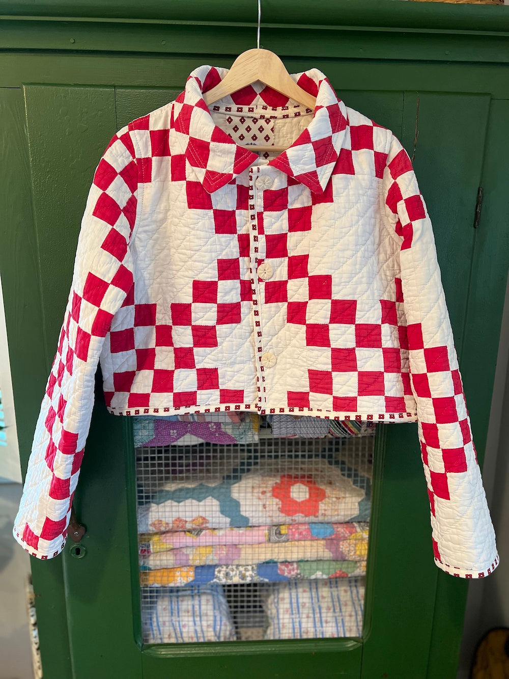 Red and White Irish Chain Cropped Jacket with Removable Collar