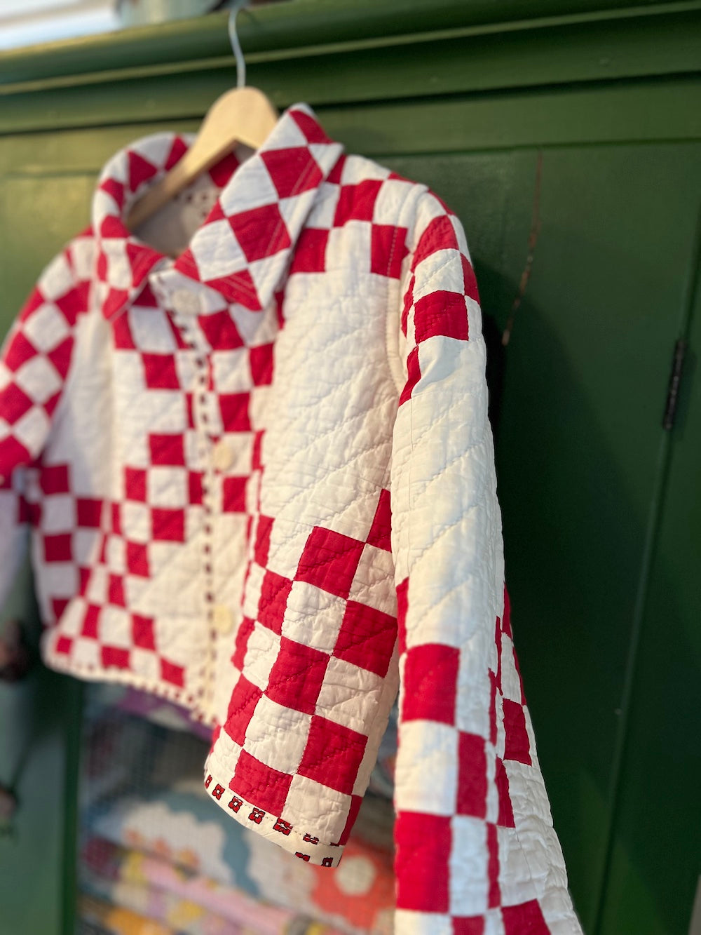 Red and White Irish Chain Cropped Jacket with Removable Collar