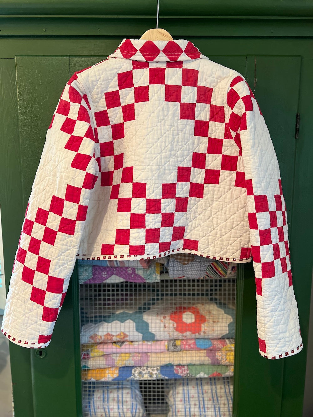 Red and White Irish Chain Cropped Jacket with Removable Collar