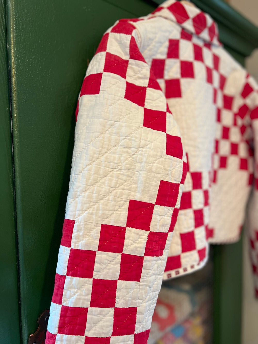 Red and White Irish Chain Cropped Jacket with Removable Collar