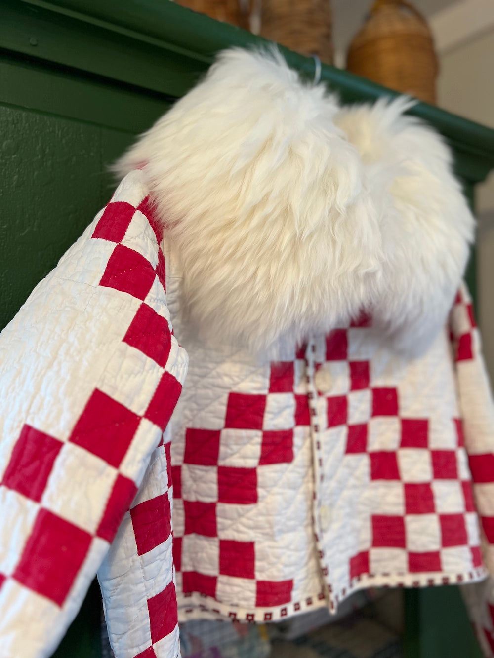 Red and White Irish Chain Cropped Jacket with Removable Collar
