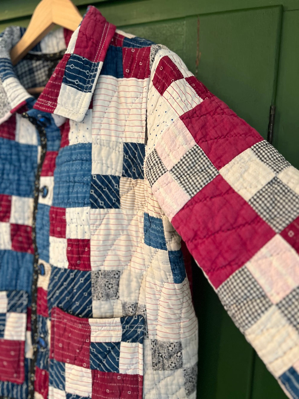 Indigo Patchwork Coat with Removable Collar