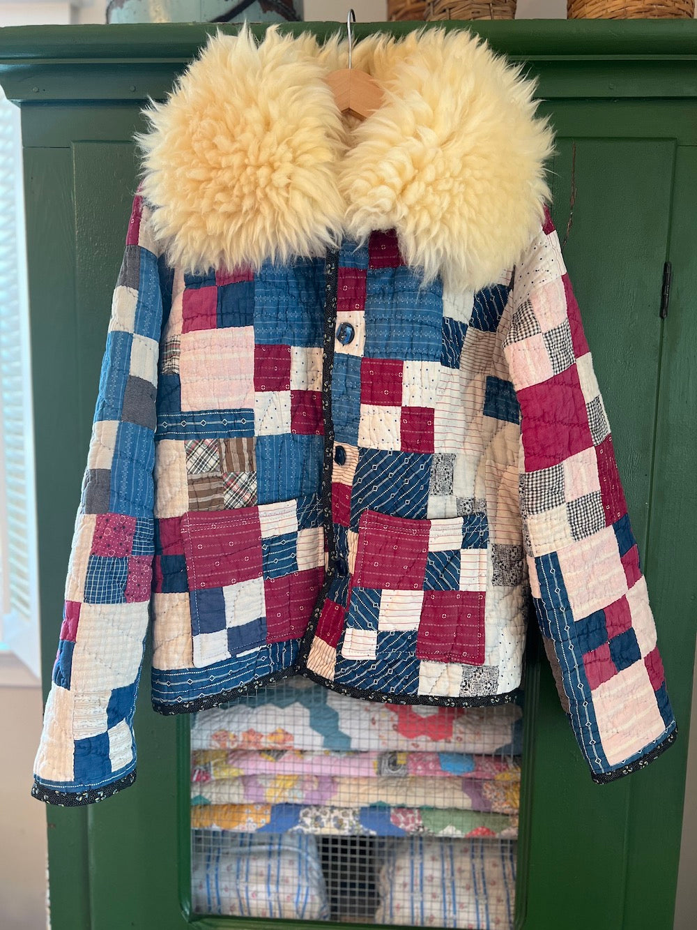 Indigo Patchwork Coat with Removable Collar