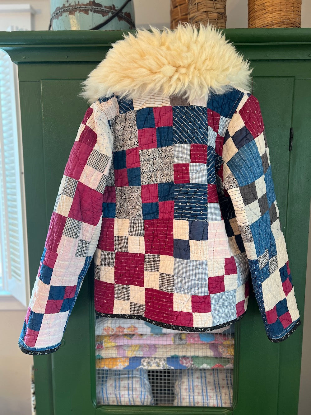 Indigo Patchwork Coat with Removable Collar