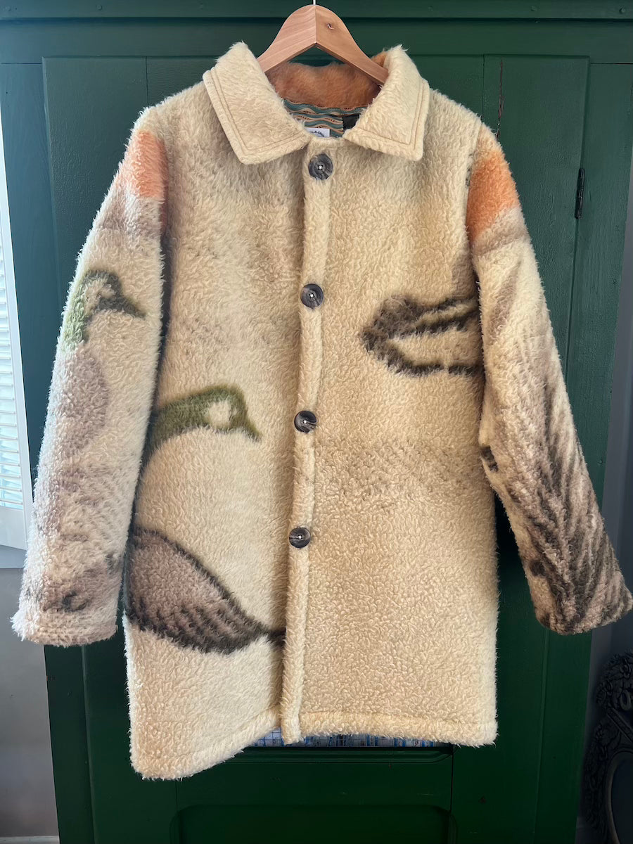 Green Geese Blanket Coat with Removable Fur Collar