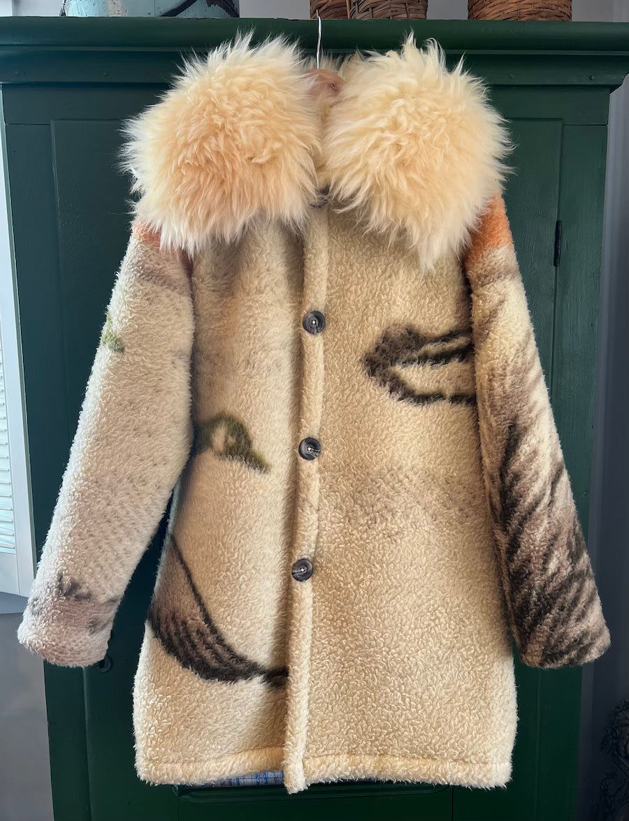 Green Geese Blanket Coat with Removable Fur Collar