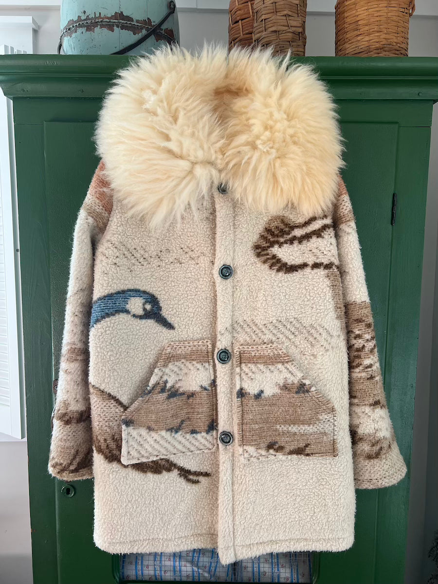 Blue Geese Blanket Coat with Removable Collar