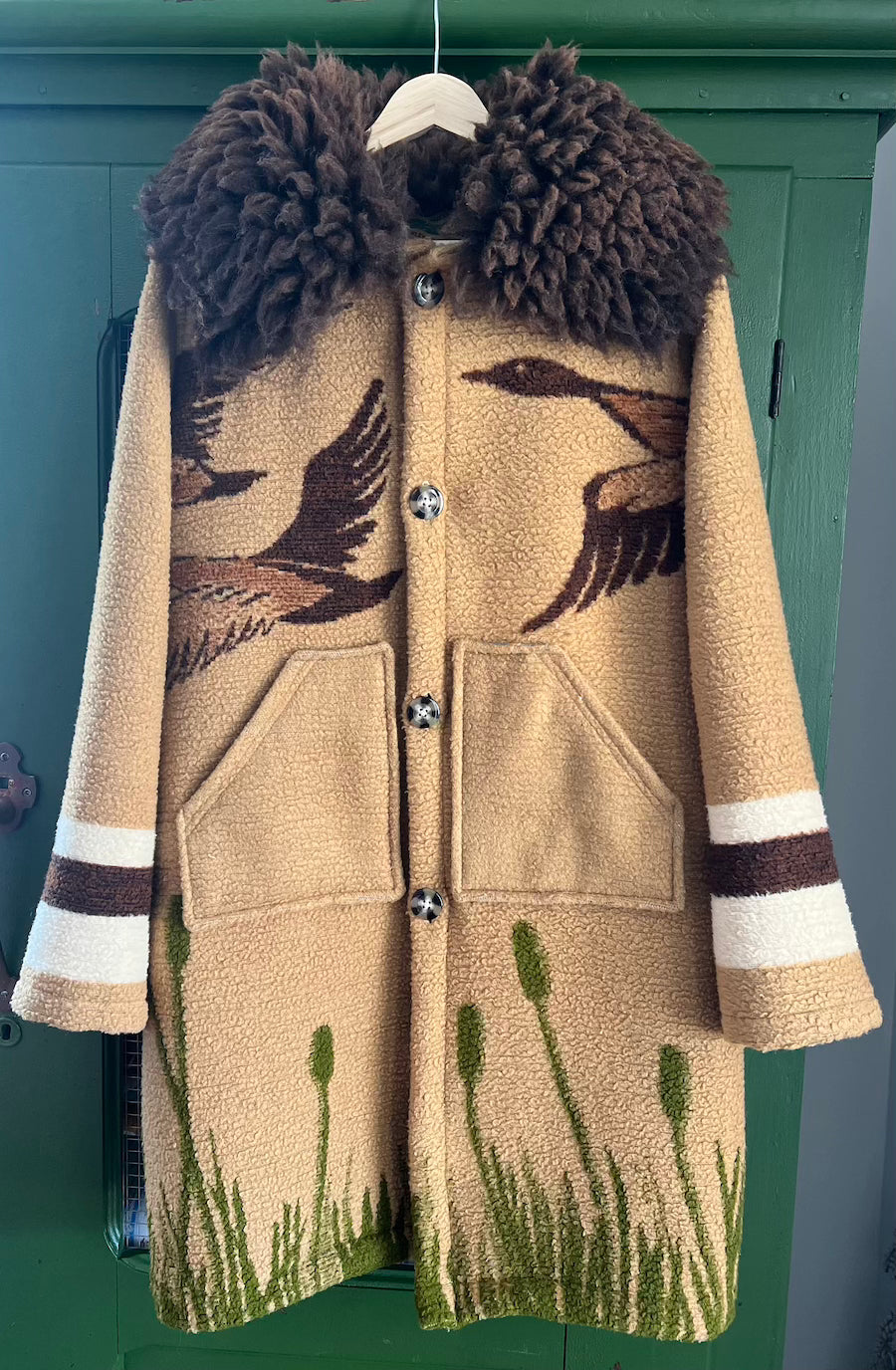 Brown Flying Geese Blanket Coat with removable collar