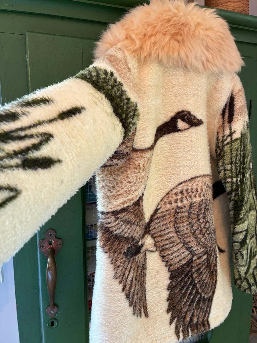 Flying Geese Blanket Coat with Removable Fur Collar