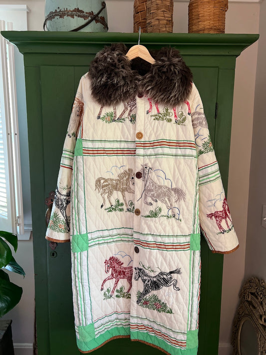 Embroidered Horses Duster with removable fur Collar