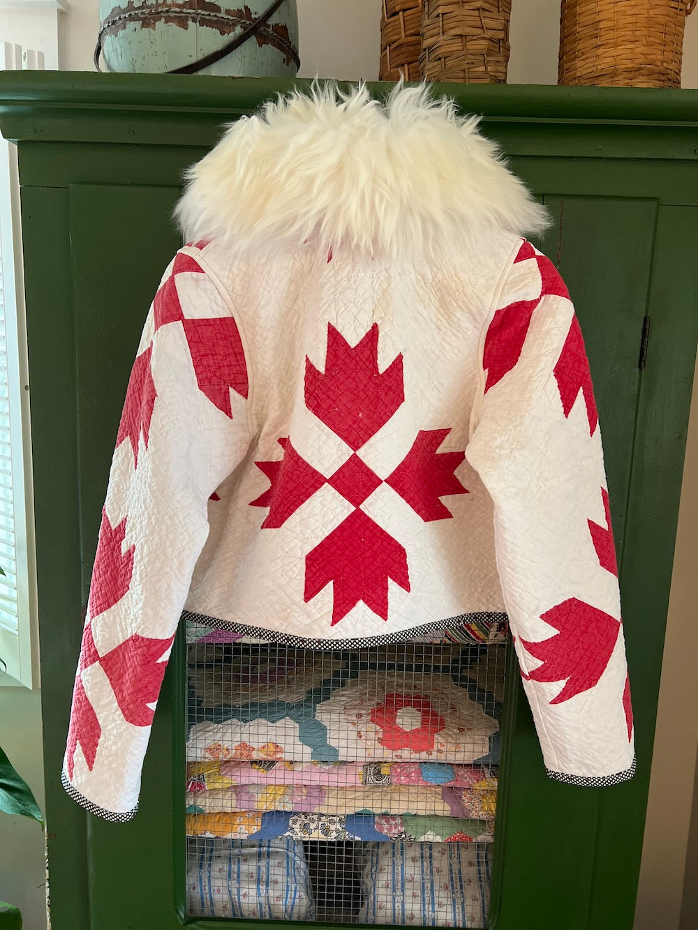 Red and White Cropped Jacket with Removable Collar