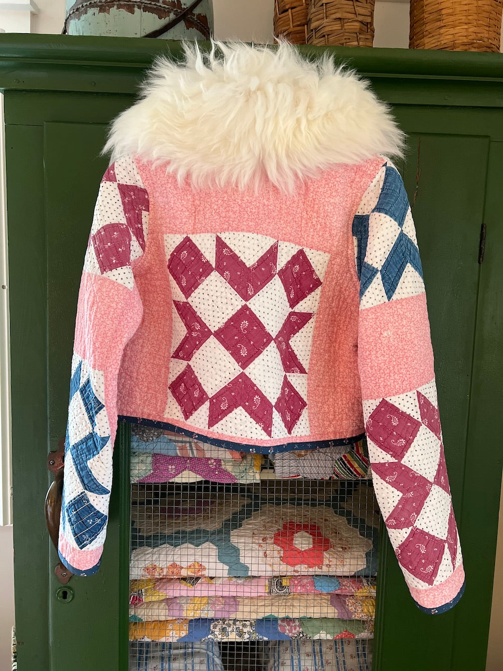 Cinnamon Pink  and Indigo Cropped Jacket with Removable Fur Collar