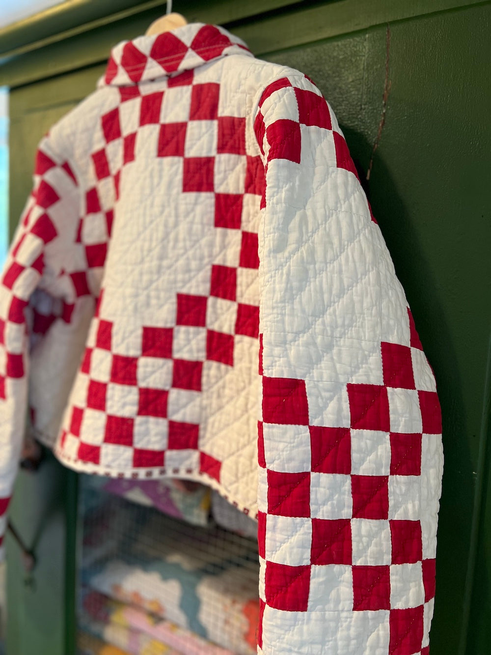 Red and White Irish Chain Cropped Jacket with Removable Collar