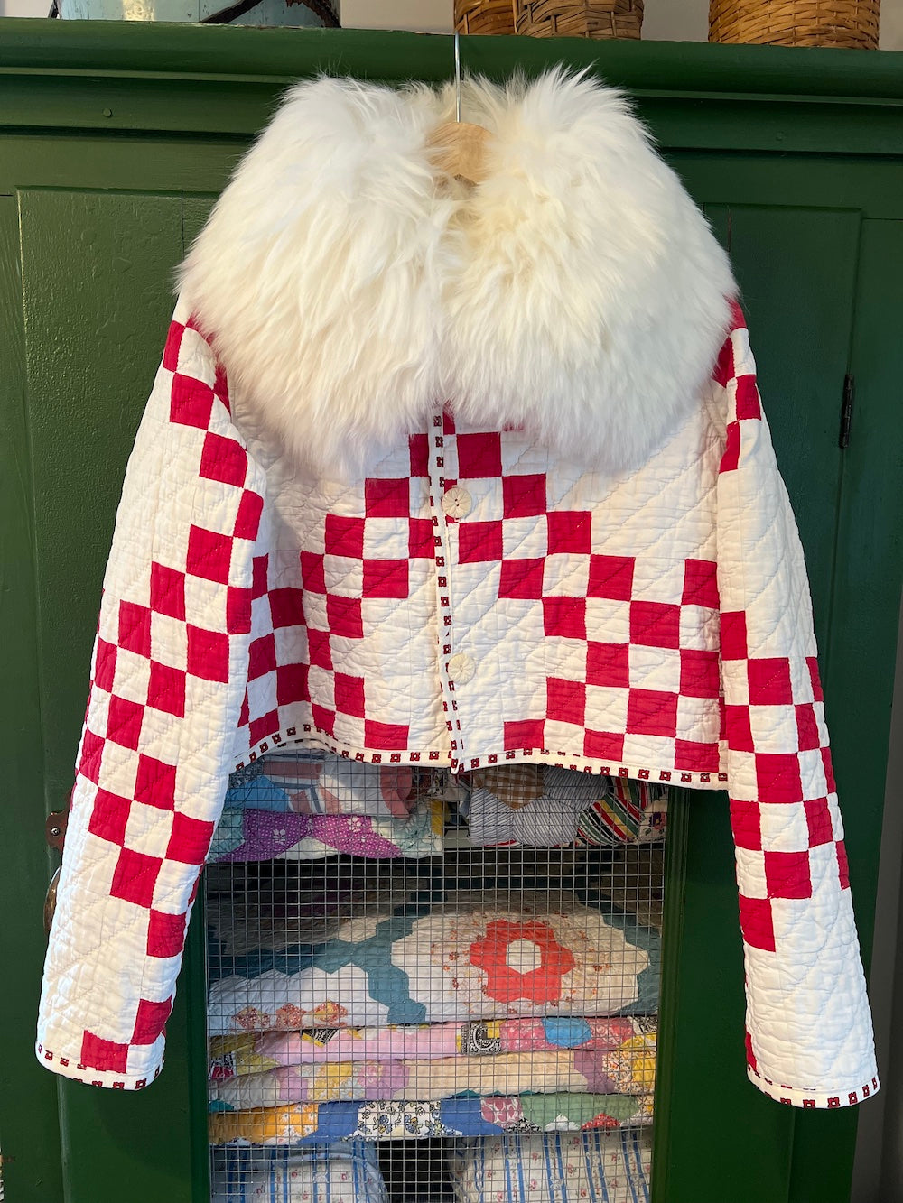 Red and White Irish Chain Cropped Jacket with Removable Collar