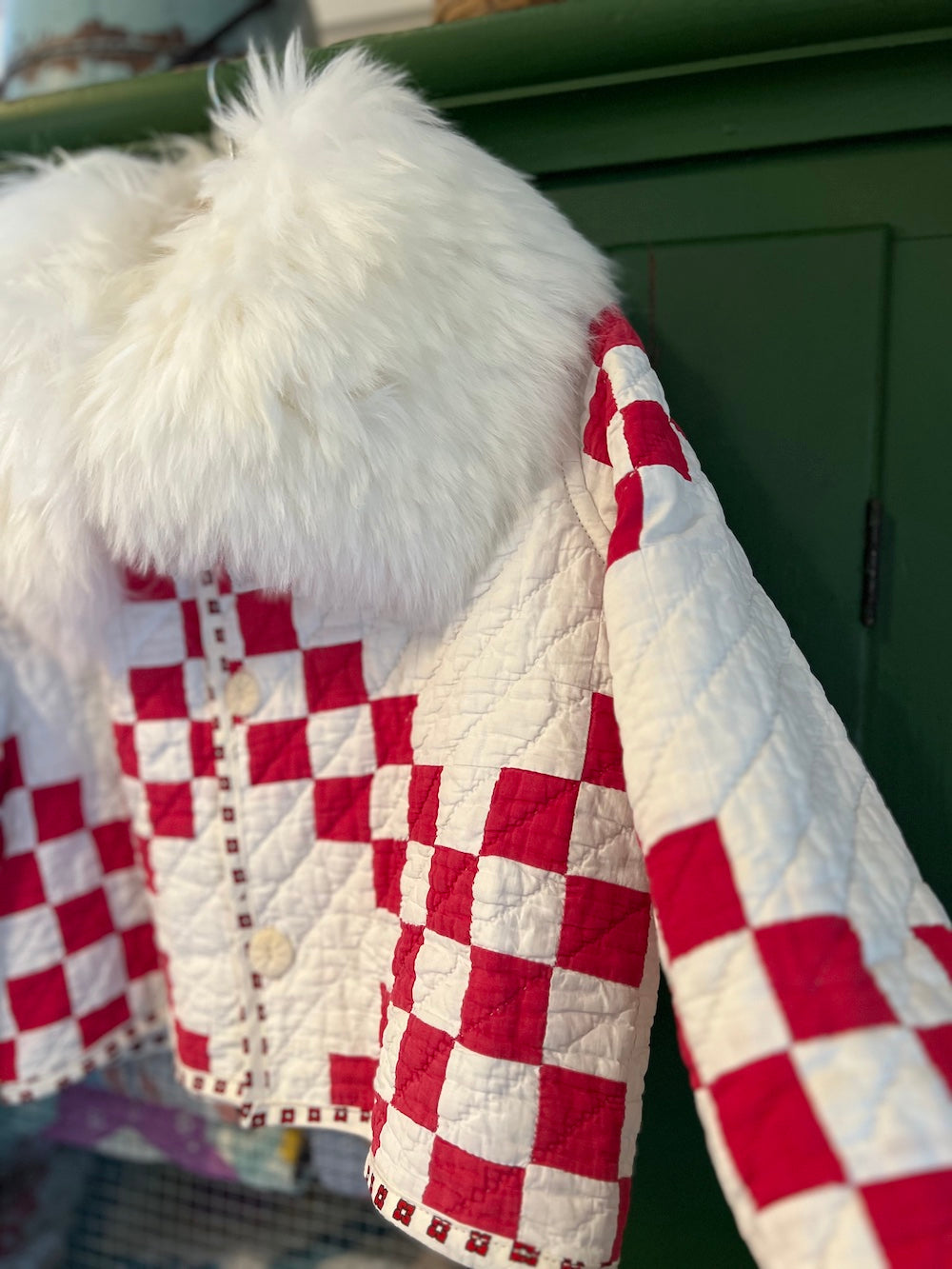 Red and White Irish Chain Cropped Jacket with Removable Collar