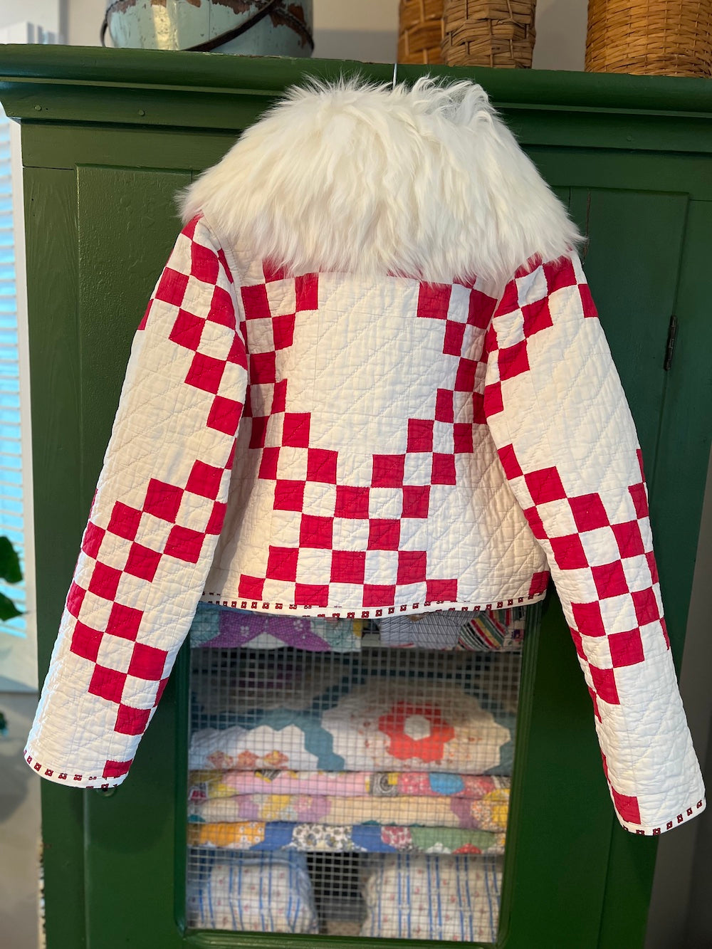 Red and White Irish Chain Cropped Jacket with Removable Collar