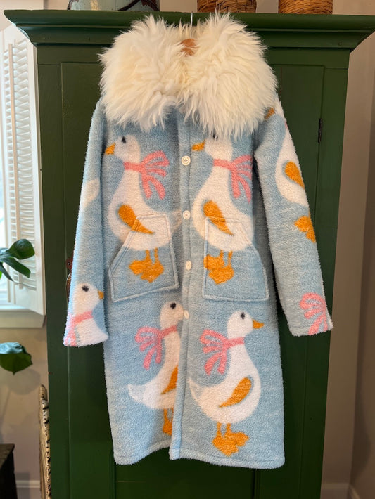 White Ducks Blanket Coat with Removable Fur Collar