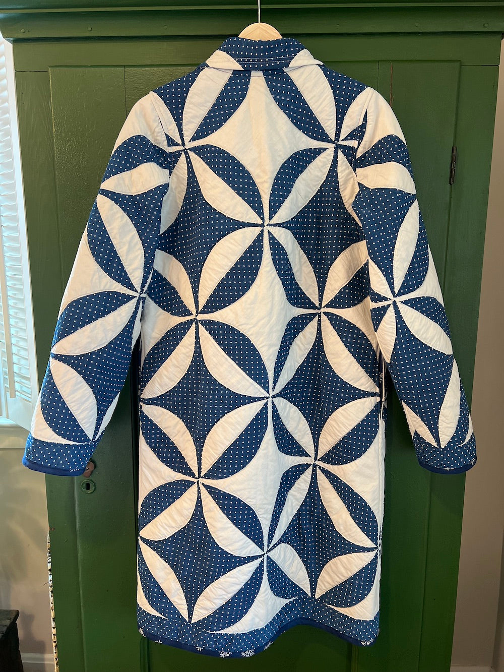Blue and White Circle Upon Circle Long Coat with Removable Collar