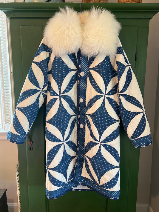 Blue and White Circle Upon Circle Long Coat with Removable Collar