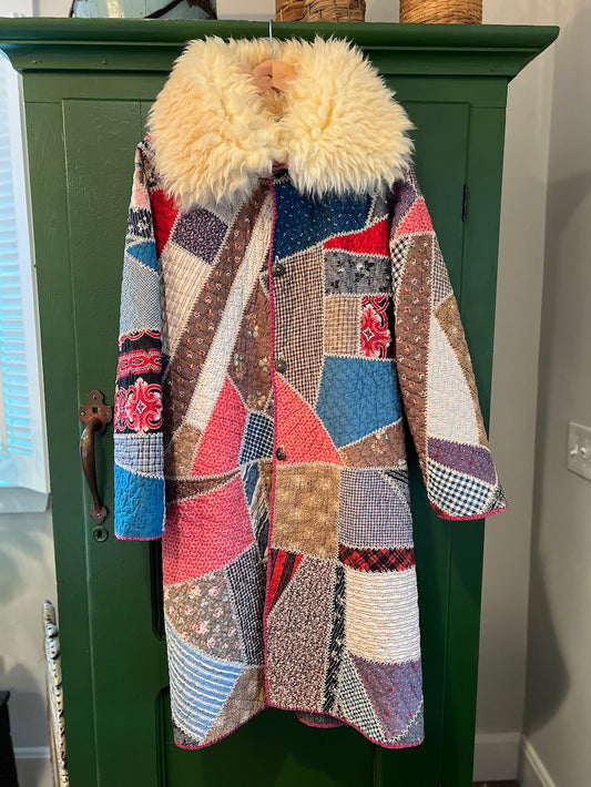 Crazy Quilt Long Coat with removable collar