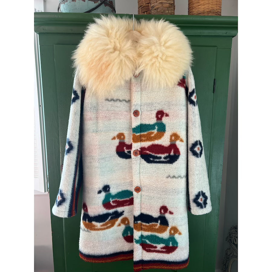 Floating Ducks Blanket Coat with removable fur collar